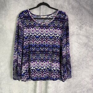 Roz‎ & Ali Top Women's Sz 2X Purple Blue White semi sheer elastic waist boho